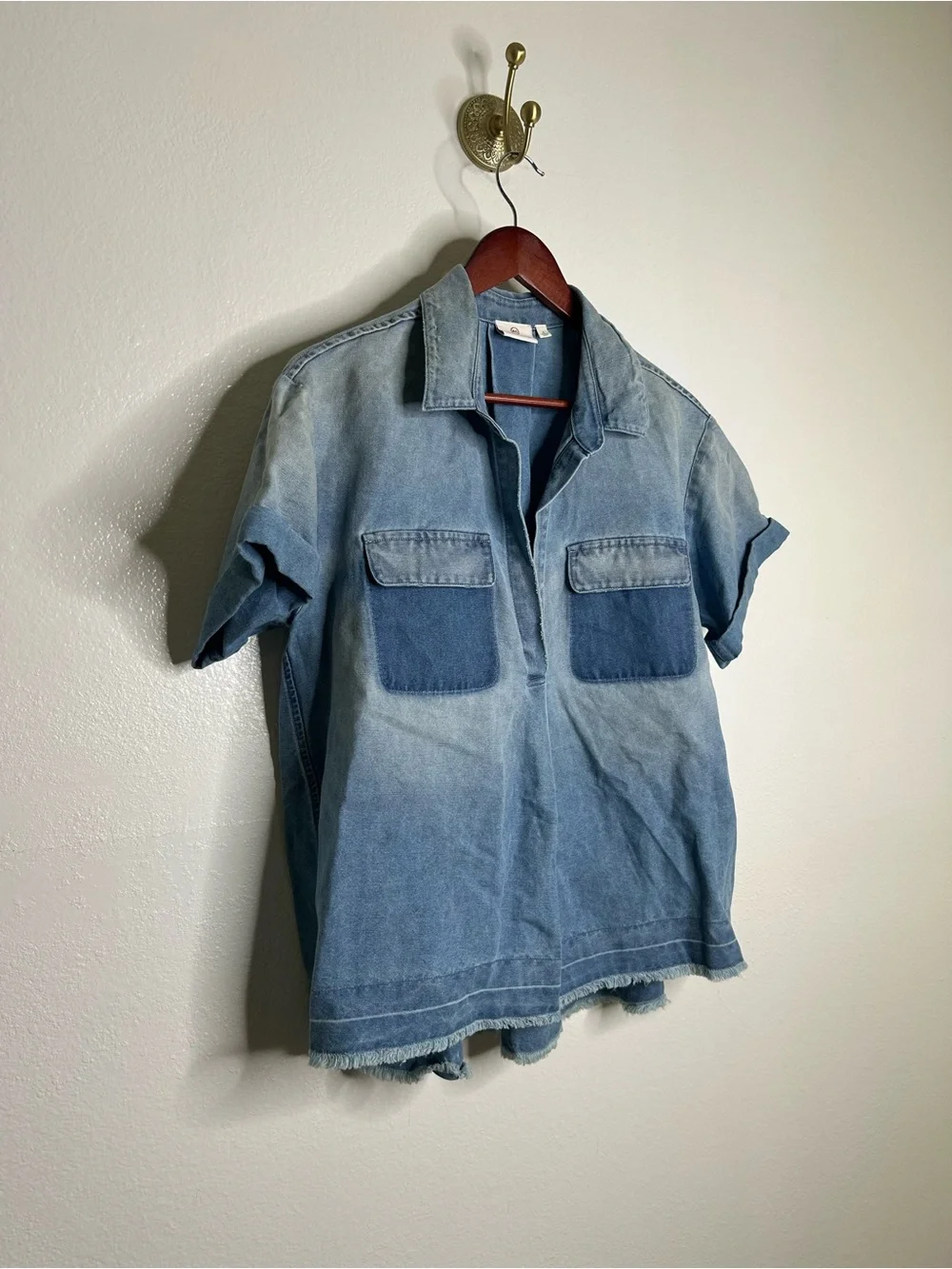 AG 100% Cotton Two Tone Denim Distressed Oversized Boxy Fit Popover Top - Picture 8 of 12